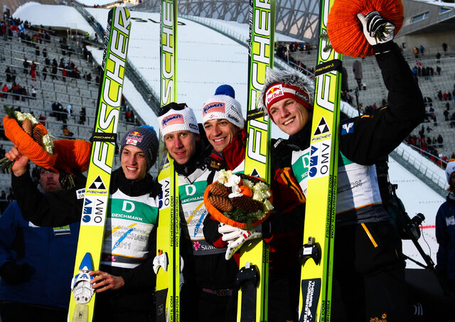 05.03.2011, Oslo, Norway (NOR): (l-r) Gregor Schlierenzauer (AUT), Fischer, Martin Koch (AUT), Fischer, Andreas Kofler (AUT), Fischer and Thomas Morgenstern (AUT), Fischer- FIS nordic world ski championships, ski jumping, team HS134, Oslo (NOR). www.nord