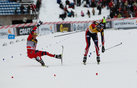 12.03.2011, Lahti, Finland (FIN): (l-r) Therese Johaug (NOR), Fischer, Swix, Salomon and Justyna Kowalczyk (POL), Fischer, Swix, Salomon on the finish line - FIS world cup cross-country, pursuit women, Lahti (FIN). www.nordicfocus.com. © Laiho/NordicFoc NordicFocus 12.03.2011, Lahti, Finland (FIN): (l-r) Therese Johaug (NOR), Fischer, Swix, Salomon and Justyna Kowalczyk (POL), Fischer, Swix, Salomon on the finish line - FIS world cup cross-country, pursuit women, Lahti (FIN). www.nordicfocus.com. © Laiho/NordicFoc
