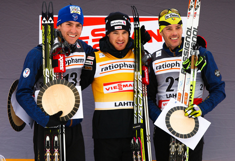 12.03.2011, Lahti, Finland (FIN): (l-r) Maurice Manificat (FRA), Fischer, Swix, Rottefella, One Way, Dario Cologna (SUI), Fischer, Swix, Alpina, Rottefella, ODLO, Casco, Toko and Vincent Vittoz (FRA), Rossignol, One Way, Rottefella - FIS world cup cross- NordicFocus 12.03.2011, Lahti, Finland (FIN): (l-r) Maurice Manificat (FRA), Fischer, Swix, Rottefella, One Way, Dario Cologna (SUI), Fischer, Swix, Alpina, Rottefella, ODLO, Casco, Toko and Vincent Vittoz (FRA), Rossignol, One Way, Rottefella - FIS world cup cross-