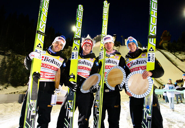 12.03.2011, Lahti, Finland (FIN): (l-r) Andreas Kofler (AUT), Fischer, Thomas Morgenstern (AUT), Fischer, Martin Koch (AUT), Fischer and Gregor Schlierenzauer (AUT), Fischer  - FIS world cup ski jumping, team HS130, Lahti (FIN). www.nordicfocus.com. © L