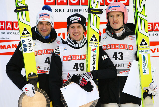 13.03.2011, Lahti, Finland (FIN): (l-r) Andreas Kofler (AUT), Fischer, Simon Ammann (SUI), Fischer and Severin Freund (GER), Fischer - FIS world cup ski jumping, individual HS130, Lahti (FIN). www.nordicfocus.com. © Laiho/NordicFocus. Every downloaded p