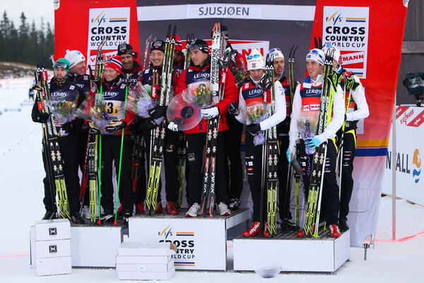20.11.2011, Sjusjoen, Norway (NOR): teams on the podium (l-r) Norway III, Norway I and Sweden - FIS world cup cross country, 4x10km men, Sjusjoen (NOR). www.nordicfocus.com. Â© Laiho/NordicFocus. Every downloaded picture is fee-liable. NordicFocus