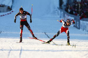 04.03.2011, Oslo, Norway (NOR): (l-r) Tino Edelmann (GER), Madshus, Leki, Rottefella, Adidas and Mario Stecher (AUT), Fischer, Leki, Rottefella, Loeffler - FIS nordic world ski championships, nordic combined, team HS134/4x5km, Oslo (NOR). www.nordicfocus