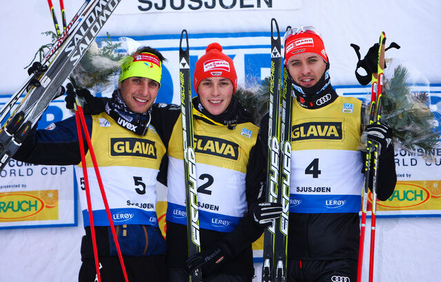 04.12.2011, Lillehammer, Norway (NOR): (l-r) Jason Lamy Chappuis (FRA), Salomon, Swix, One Way, Eric Frenzel (GER), Fischer, Leki, Salomon, Adidas and Bjoern Kircheisen (GER), Fischer, Leki, Rottefella, Adidas - FIS world cup nordic combined, individual