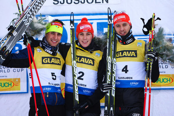 04.12.2011, Lillehammer, Norway (NOR): (l-r) Jason Lamy Chappuis (FRA), Salomon, Swix, One Way, Eric Frenzel (GER), Fischer, Leki, Salomon, Adidas and Bjoern Kircheisen (GER), Fischer, Leki, Rottefella, Adidas - FIS world cup nordic combined, individual NordicFocus