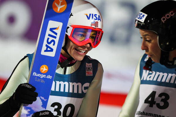 03.12.2011, Lillehammer, Norway (NOR): (l-r) Sarah Hendrickson (USA), Fluege.de and Jessica Jerome (USA), Elan - FIS world cup ski jumping ladies, individual HS100, Lillehammer (NOR). www.nordicfocus.com. Â© Laiho/NordicFocus. Every downloaded picture NordicFocus