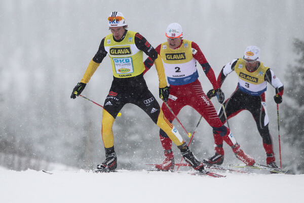 03.12.2011, Lillehammer, Norway (NOR): Tino Edelmann (GER), Madshus, Leki, Rottefella, Adidas followed by Haavard Klemetsen (NOR), Fischer, Swix and Christoph Bieler (AUT) - FIS world cup nordic combined, individual gundersen HS100/10km, Lillehammer (NOR NordicFocus