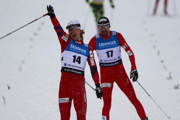 08.01.2012, Oberstdorf, Germany (GER): (l-r) the winner Mikko Kokslien (NOR), Fischer, Swix, Rottefella and second Magnus Moan (NOR), Madhus, Swix, Rottefella - FIS world cup nordic combined, individual gundersen HS137/10km, Oberstdorf (GER). www.nordicf NordicFocus