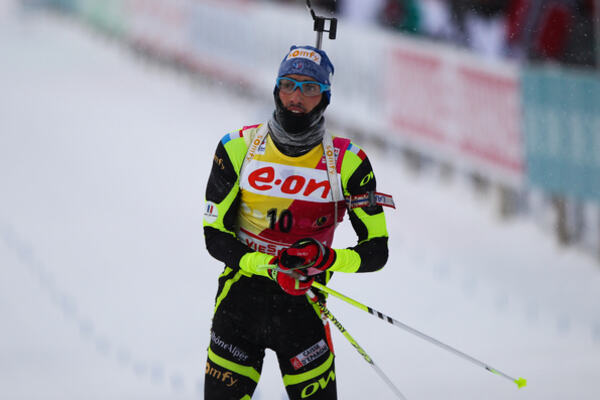 04.02.2012, Holmenkollen, Norway (NOR): Martin Fourcade (FRA), Rossignol, Rottefella, OneWay, Odlo, Julbo - IBU world cup biathlon, pursuit men, Holmenkollen (NOR). www.nordicfocus.com. Â© Laiho/NordicFocus. Every downloaded picture is fee-liable. NordicFocus