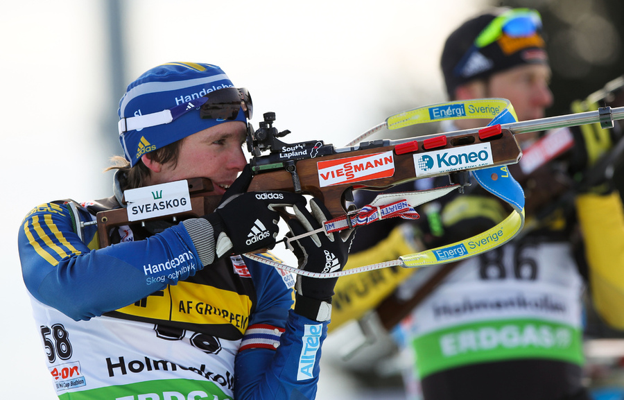 02.02.2012, Holmenkollen, Norway (NOR): Ted Armgren (SWE), Fischer, Rottefella, OneWay, adidas - IBU world cup biathlon, sprint men, Holmenkollen (NOR). www.nordicfocus.com. Â© Laiho/NordicFocus. Every downloaded picture is fee-liable.