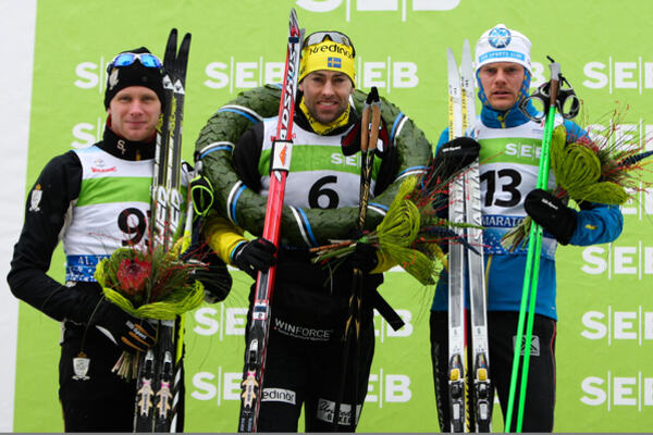 19.02.2012, Tartu, Estonia (EST): (l-r) Daniel Rickardsson (SWE), Fischer, One Way, Rottefella, Joergen Brink (SWE), Team United Bakeries, Madshus, Skigo and Jimmie Johnson (SWE), Salomon, KV+ - FIS Marathon Cup Tartumarathon, Tartu (EST). www.nordicfocu NordicFocus