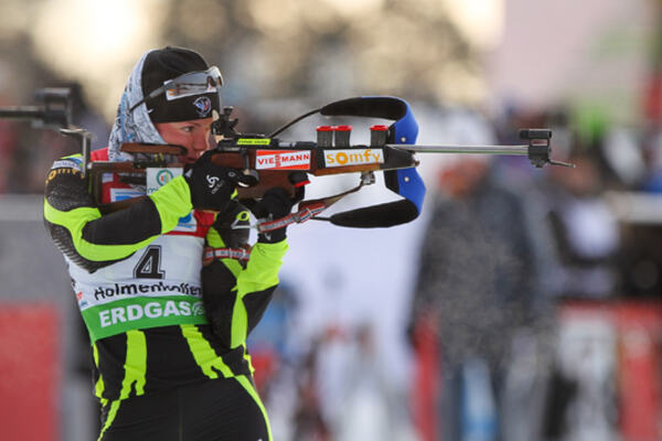 04.02.2012, Holmenkollen, Norway (NOR): Marie Dorin Habert (FRA), Rossignol, Rottefella, OneWay - IBU world cup biathlon, pursuit women, Holmenkollen (NOR). www.nordicfocus.com. Â© Laiho/NordicFocus. Every downloaded picture is fee-liable. NordicFocus