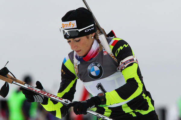 02.02.2012, Holmenkollen, Norway (NOR): Marie Laure Brunet (FRA), Rossignol, Rottefella, Swix - IBU world cup biathlon, sprint women, Holmenkollen (NOR). www.nordicfocus.com. Â© Laiho/NordicFocus. Every downloaded picture is fee-liable. NordicFocus