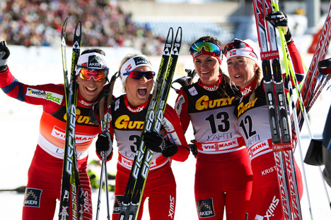 03.03.2012, Lahti, Finland (FIN): (l-r) Marit Bjoergen (NOR), Fischer, Swix, Rottefella, Therese Johaug (NOR), Fischer, Swix, Salomon, Heidi Weng (NOR), Madshus, Swix, Alpina, Rottefella and Kristin Steira (NOR), Madshus, One Way, Salomon, Swix - FIS wor NordicFocus 03.03.2012, Lahti, Finland (FIN): (l-r) Marit Bjoergen (NOR), Fischer, Swix, Rottefella, Therese Johaug (NOR), Fischer, Swix, Salomon, Heidi Weng (NOR), Madshus, Swix, Alpina, Rottefella and Kristin Steira (NOR), Madshus, One Way, Salomon, Swix - FIS wor