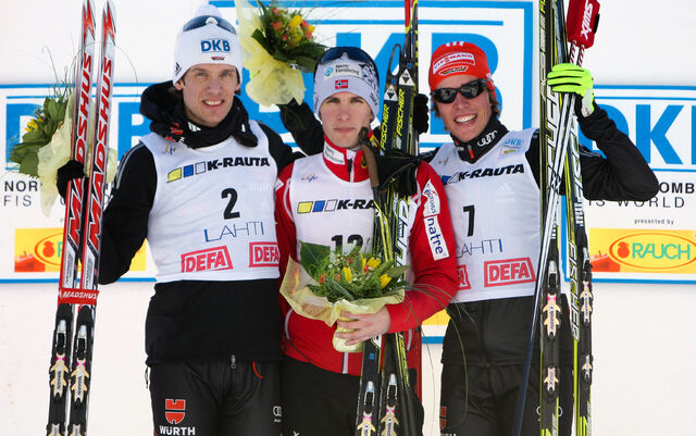 03.03.2012, Lahti, Finland (FIN): (l-r) Tino Edelmann (GER), Madshus, Leki, Rottefella, Adidas, Jan Schmid (NOR), Fischer, Start, Rottefella and Johannes Rydzek (GER), Fischer, Swix, Rottefella, Adidas - FIS world cup nordic combined, individual gunderse