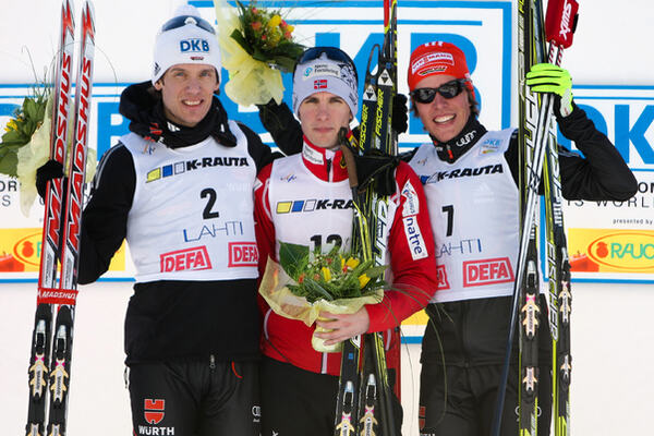 03.03.2012, Lahti, Finland (FIN): (l-r) Tino Edelmann (GER), Madshus, Leki, Rottefella, Adidas, Jan Schmid (NOR), Fischer, Start, Rottefella and Johannes Rydzek (GER), Fischer, Swix, Rottefella, Adidas - FIS world cup nordic combined, individual gunderse NordicFocus