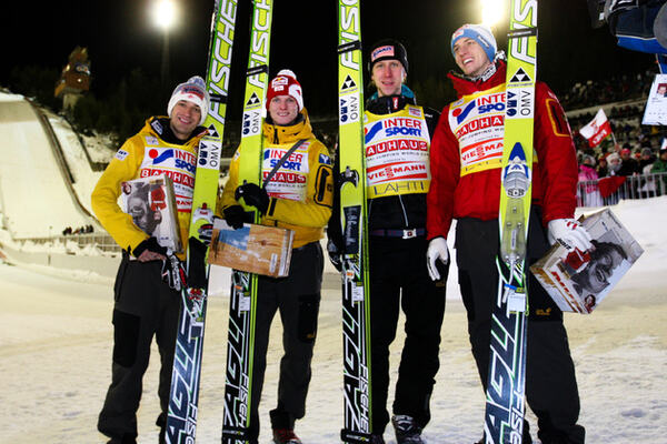 03.03.2012, Lahti, Finland (FIN): the winner team (l-r) Andreas Kofler (AUT), Fischer, Thomas Morgenstern (AUT), Fischer, Martin Koch (AUT), Fischer and Gregor Schlierenzauer (AUT), Fischer - FIS world cup ski jumping, team HS130, Lahti (FIN). www.nordic NordicFocus