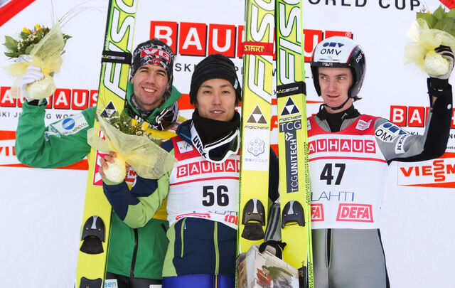 04.03.2012, Lahti, Finland (FIN): (l-r) Anders Bardal (NOR), Fischer, Daiki Ito (JPN), Fischer and Lukas Hlava (CZE), Fischer - FIS world cup ski jumping, individual HS97, Lahti (FIN). www.nordicfocus.com. Â© Laiho/NordicFocus. Every downloaded picture