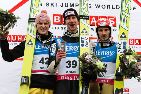 11.03.2012, Oslo, Norway (NOR): (l-r) Severin Freund (GER), Fischer, Martin Koch (AUT), Fischer and Robert Kranjec (SLO), Fischer - FIS world cup ski jumping, individual HS134, Oslo (NOR). www.nordicfocus.com.Â© Laiho/NordicFocus. Every downloaded pict NordicFocus