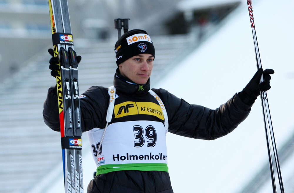 02.02.2012, Holmenkollen, Norway (NOR): Alexis Boeuf (FRA), Salomon, Swix, OneWay - IBU world cup biathlon, sprint men, Holmenkollen (NOR). www.nordicfocus.com. Â© Laiho/NordicFocus. Every downloaded picture is fee-liable.