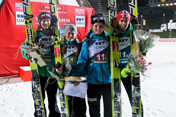 23.11.2012, Lillehammer, Norway (NOR): (l-r) Tom Hilde (NOR), Fischer, Anette Sagen (NOR), Fischer, Maren Lundby (NOR), Fischer and Anders Bardal (NOR), Fischer - FIS world cup ski jumping, mixed team HS100, Lillehammer (NOR). www.nordicfocus.com. © Lai NordicFocus