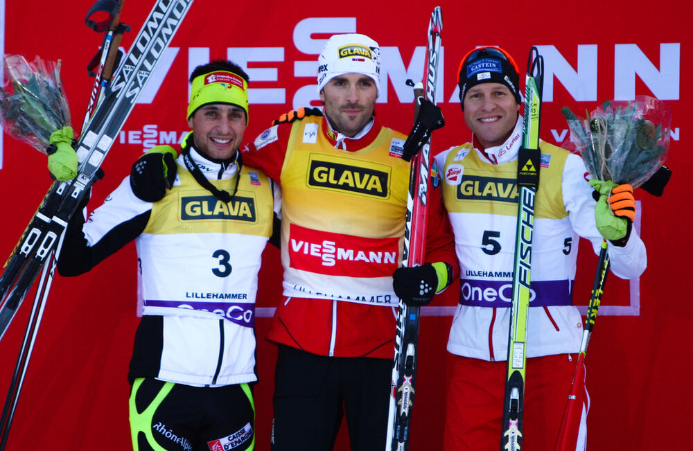 24.11.2012, Lillehammer, Norway (NOR): (l-r) Jason Lamy Chappuis (FRA), Salomon, Swix, One Way, Magnus Moan (NOR), Madshus, Rottefella, Swix and Bernhard Gruber (AUT), Fischer, Rottefella, Loeffler - FIS world cup nordic combined, individual gundersen HS