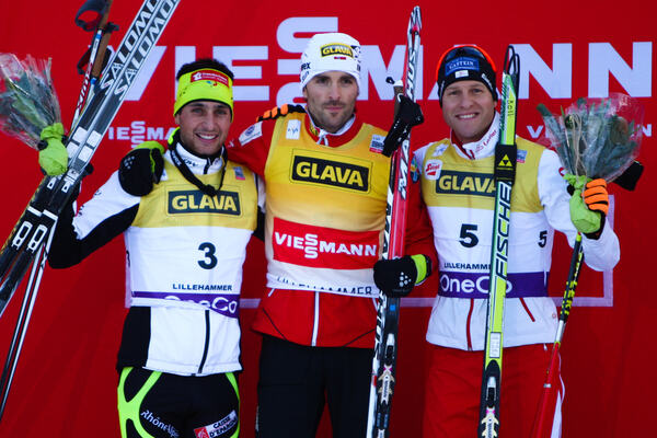 24.11.2012, Lillehammer, Norway (NOR): (l-r) Jason Lamy Chappuis (FRA), Salomon, Swix, One Way, Magnus Moan (NOR), Madshus, Rottefella, Swix and Bernhard Gruber (AUT), Fischer, Rottefella, Loeffler - FIS world cup nordic combined, individual gundersen HS NordicFocus