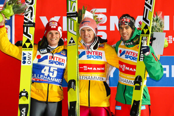 24.11.2012, Lillehammer, Norway (NOR): (l-r) Thomas Morgenstern (AUT), Fischer, Severin Freund (GER), Fischer and Anders Bardal (NOR), Fischer - FIS world cup ski jumping, individual HS100, Lillehammer (NOR). www.nordicfocus.com. © Laiho/NordicFocus. Ev NordicFocus