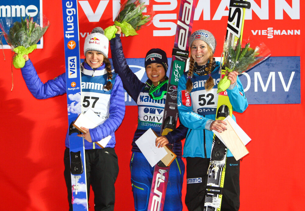 24.11.2012, Lillehammer, Norway (NOR): (l-r) Sarah Hendrickson (USA), Fluege.de, Sara Takanashi (JPN), Elan and Anette Sagen (NOR), Fischer - FIS world cup ski jumping ladies, individual HS100, Lillehammer (NOR). www.nordicfocus.com. © Laiho/NordicFocus