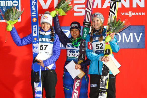 24.11.2012, Lillehammer, Norway (NOR): (l-r) Sarah Hendrickson (USA), Fluege.de, Sara Takanashi (JPN), Elan and Anette Sagen (NOR), Fischer - FIS world cup ski jumping ladies, individual HS100, Lillehammer (NOR). www.nordicfocus.com. © Laiho/NordicFocus NordicFocus