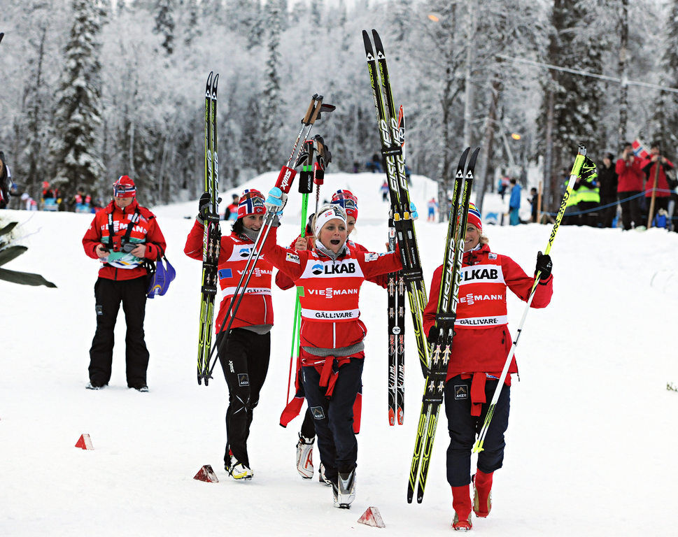 25.11.2012, Gaellivare, Sweden (SWE): team Norway celebrates- FIS world cup cross-country, 4x5km women, Gaellivare (SWE). www.nordicfocus.com. © Felgenhauer/NordicFocus. Every downloaded picture is fee-liable.
