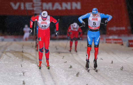 30.11.2012, Kuusamo, Finland (FIN): (l-r) Petter Northug (NOR), Fischer, Swix, Alpina, Rottefella and Nikita Kriukov (RUS), Rossignol, Swix, Rottefella, Adidas - FIS world cup cross-country, individual sprint, Kuusamo (FIN). www.nordicfocus.com. © Laiho NordicFocus 30.11.2012, Kuusamo, Finland (FIN): (l-r) Petter Northug (NOR), Fischer, Swix, Alpina, Rottefella and Nikita Kriukov (RUS), Rossignol, Swix, Rottefella, Adidas - FIS world cup cross-country, individual sprint, Kuusamo (FIN). www.nordicfocus.com. © Laiho