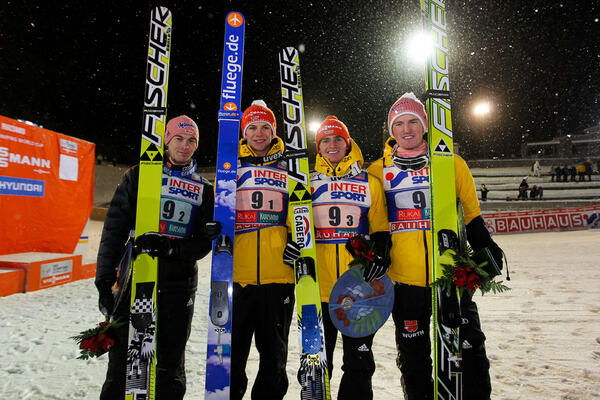 30.11.2012, Kuusamo, Finland (FIN): (l-r) Michael Neumayer (GER), Fischer, Andreas Wellinger (GER), Fluege.de, Richard Freitag (GER), Fischer and Severin Freund (GER), Fischer - FIS world cup ski jumping, team HS142, Kuusamo (FIN). www.nordicfocus.com. � NordicFocus