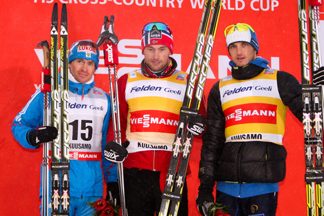 02.12.2012, Kuusamo, Finland (FIN): (l-r) Maxim Vylegzhanin (RUS), Fischer, Swix, Alpina, Rottefella, Adidas, Petter Northug (NOR), Fischer, Swix, Alpina, Rottefella and Alexey Poltoranin (KAZ), Fischer, Swix, Rottefella - FIS world cup cross-country, pu NordicFocus 02.12.2012, Kuusamo, Finland (FIN): (l-r) Maxim Vylegzhanin (RUS), Fischer, Swix, Alpina, Rottefella, Adidas, Petter Northug (NOR), Fischer, Swix, Alpina, Rottefella and Alexey Poltoranin (KAZ), Fischer, Swix, Rottefella - FIS world cup cross-country, pu