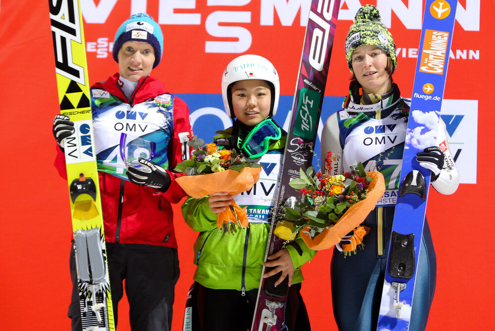14.12.2012, Ramsau, Austria (AUT): (l-r) Daniela Iraschko (AUT), Fischer, Sara Takanashi (JPN), Elan and Coline Mattel (FRA), Fischer - FIS world cup ski jumping ladies, individual HS98, Ramsau (AUT). www.nordicfocus.com. © Laiho/NordicFocus. Every down