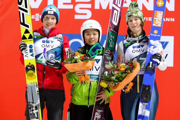 14.12.2012, Ramsau, Austria (AUT): (l-r) Daniela Iraschko (AUT), Fischer, Sara Takanashi (JPN), Elan and Coline Mattel (FRA), Fischer - FIS world cup ski jumping ladies, individual HS98, Ramsau (AUT). www.nordicfocus.com. © Laiho/NordicFocus. Every down NordicFocus