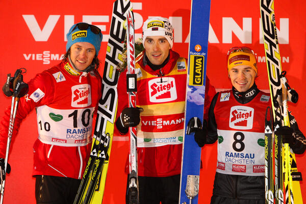 15.12.2012, Ramsau, Austria (AUT): (l-r) Mikko Kokslien (NOR), Fischer, Swix, Rottefella, Magnus Moan (NOR), Madshus, Rottefella, Swix and Fabian Riessle (GER), Fischer, One Way, Rottefella, Adidas - FIS world cup nordic combined, individual gundersen HS NordicFocus
