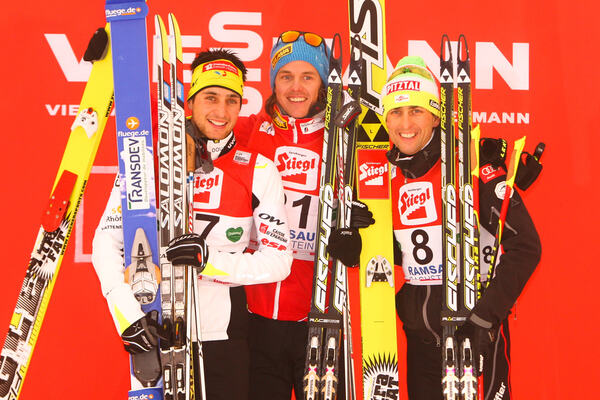 16.12.2012, Ramsau, Austria (AUT): (l-r) Jason Lamy Chappuis (FRA), Salomon, Swix, One Way, Mikko Kokslien (NOR), Fischer, Swix, Rottefella and Mario Stecher (AUT), Fischer, Leki, Rottefella, Loeffler - FIS world cup nordic combined, individual gundersen NordicFocus