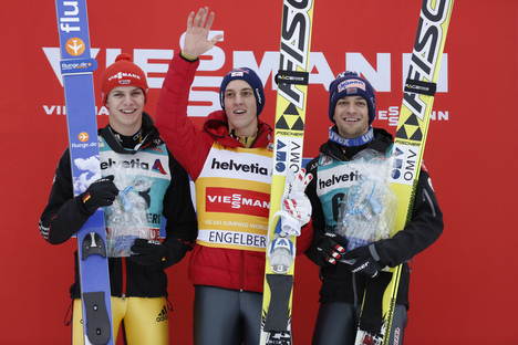 16.12.2012, Engelberg, Switzerland (SUI): podium, l-r: Andreas Wellinger (GER), fluege.de, Gregor Schlierenzauer (AUT), Fischer, Andreas Kofler (AUT), Fischer - FIS world cup ski jumping, individual HS137, Engelberg (SUI). www.nordicfocus.com. © Doman NordicFocus 16.12.2012, Engelberg, Switzerland (SUI): podium, l-r: Andreas Wellinger (GER), fluege.de, Gregor Schlierenzauer (AUT), Fischer, Andreas Kofler (AUT), Fischer - FIS world cup ski jumping, individual HS137, Engelberg (SUI). www.nordicfocus.com. © Doman
