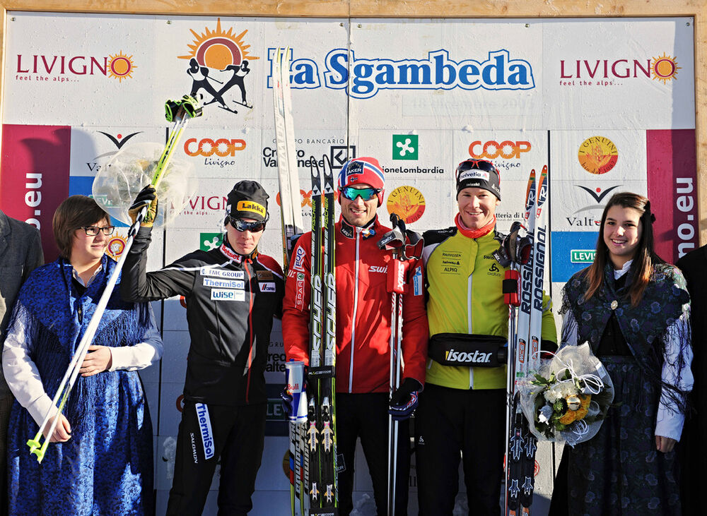 16.12.2012, Livigno, Italy (ITA): l-r: Matti Heikkinen (FIN), Petter Northug (NOR), Toni LIver (SUI)- FIS Marathon Cup La Sgambeda, Livigno (ITA). www.nordicfocus.com. © Felgenhauer/NordicFocus. Every downloaded picture is fee-liable.