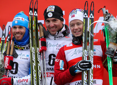 16.12.2012, Canmore, Canada (CAN): (l-r) Roland Clara (ITA), Fischer, Swix, Rottefella, Maurice Manificat (FRA), Fischer, Swix, Rottefella, One Way and Sjur Roethe (NOR), Fischer, KV+, Salomon, Swix - FIS world cup cross-country, skiathlon men, Canmore (C NordicFocus 16.12.2012, Canmore, Canada (CAN): (l-r) Roland Clara (ITA), Fischer, Swix, Rottefella, Maurice Manificat (FRA), Fischer, Swix, Rottefella, One Way and Sjur Roethe (NOR), Fischer, KV+, Salomon, Swix - FIS world cup cross-country, skiathlon men, Canmore (C