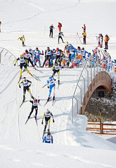 16.12.2012, Livigno, Italy (ITA): the leading group over the bridge- FIS Marathon Cup La Sgambeda, Livigno (ITA). www.nordicfocus.com. © Felgenhauer/NordicFocus. Every downloaded picture is fee-liable.