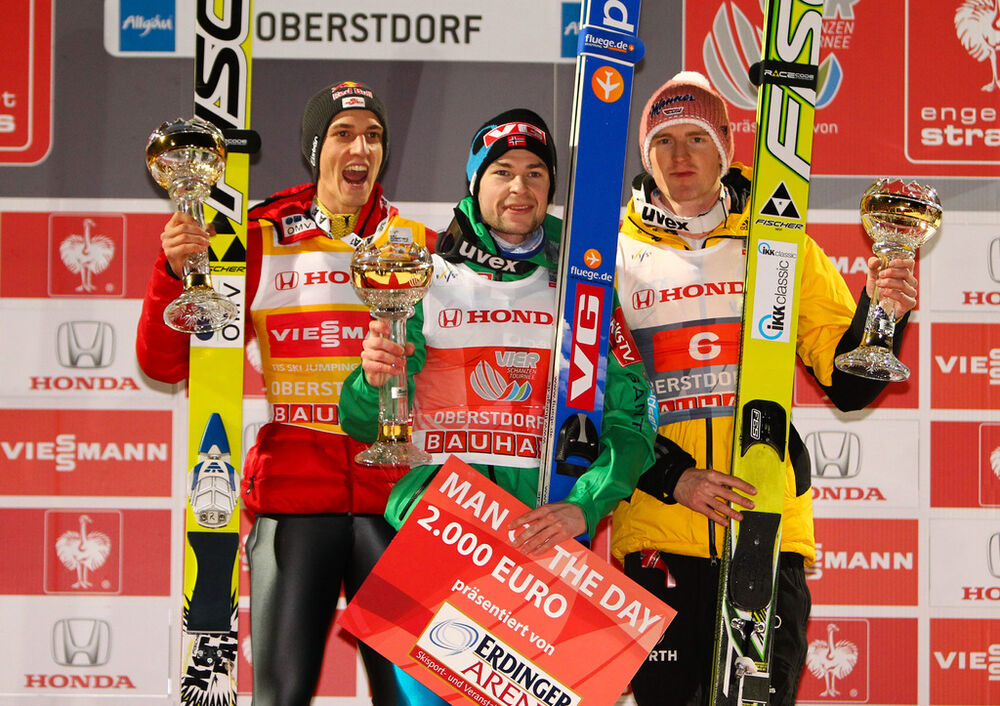 30.12.2012, Oberstdorf, Germany (GER): (l-r) Gregor Schlierenzauer (AUT), Fischer, Anders Jacobsen (NOR), Fluege.de and Severin Freund (GER), Fischer - FIS world cup ski jumping, four hills tournament, individual HS137, Oberstdorf (GER). www.nordicfocus.