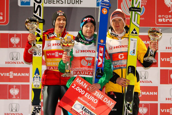 30.12.2012, Oberstdorf, Germany (GER): (l-r) Gregor Schlierenzauer (AUT), Fischer, Anders Jacobsen (NOR), Fluege.de and Severin Freund (GER), Fischer - FIS world cup ski jumping, four hills tournament, individual HS137, Oberstdorf (GER). www.nordicfocus. NordicFocus