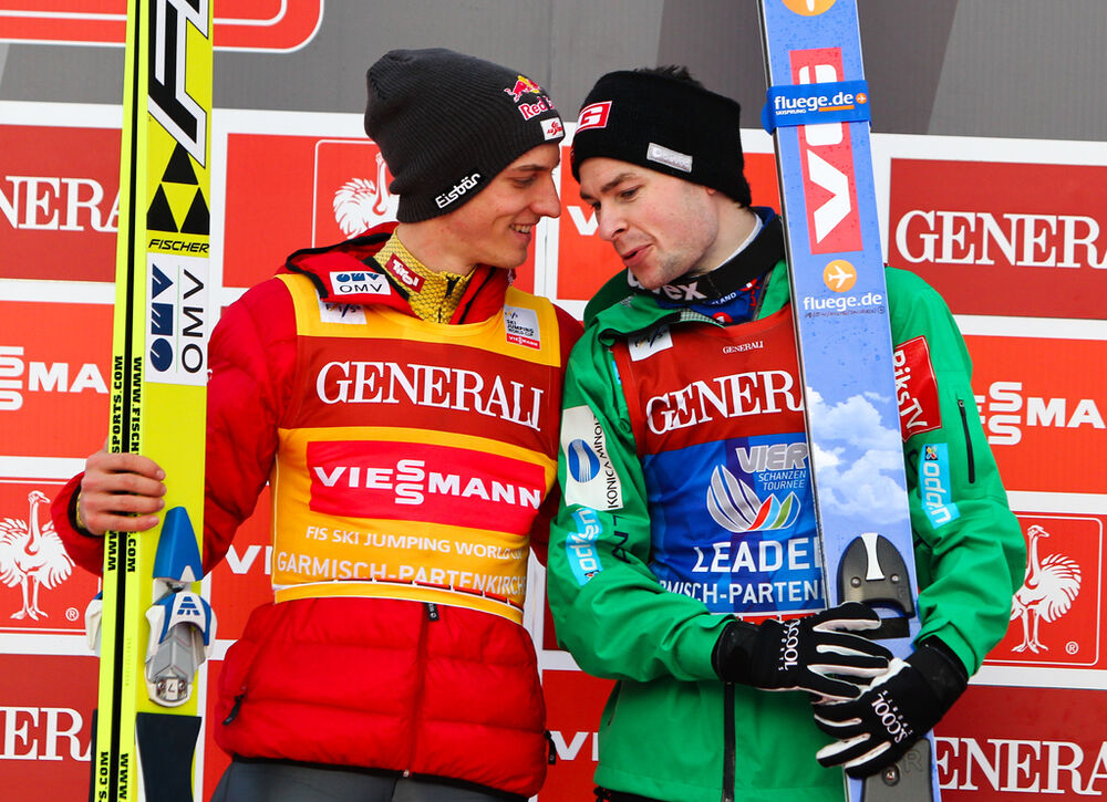 01.01.2013, Garmisch, Germany (GER): (l-r) Gregor Schlierenzauer (AUT), Fischer and Anders Jacobsen (NOR), Fluege.de - FIS world cup ski jumping, four hills tournament, individual HS140, Garmisch (GER). www.nordicfocus.com. © Laiho/NordicFocus. Every do