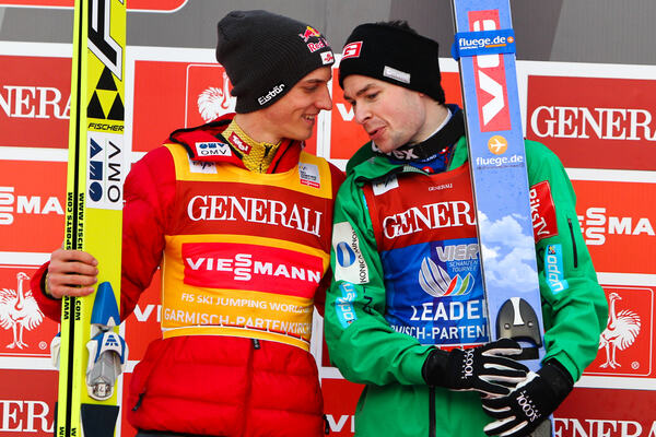 01.01.2013, Garmisch, Germany (GER): (l-r) Gregor Schlierenzauer (AUT), Fischer and Anders Jacobsen (NOR), Fluege.de - FIS world cup ski jumping, four hills tournament, individual HS140, Garmisch (GER). www.nordicfocus.com. © Laiho/NordicFocus. Every do NordicFocus