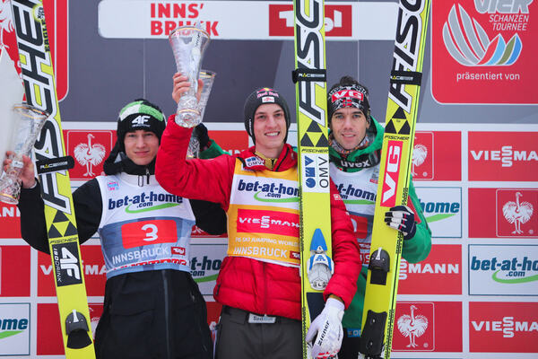 04.01.2013, Innsbruck, Austria (AUT): (l-r) Kamil Stoch (POL), Fischer, Gregor Schlierenzauer (AUT), Fischer and Anders Bardal (NOR), Fischer - FIS world cup ski jumping, four hills tournament, individual HS130, Innsbruck (AUT). www.nordicfocus.com. © L NordicFocus