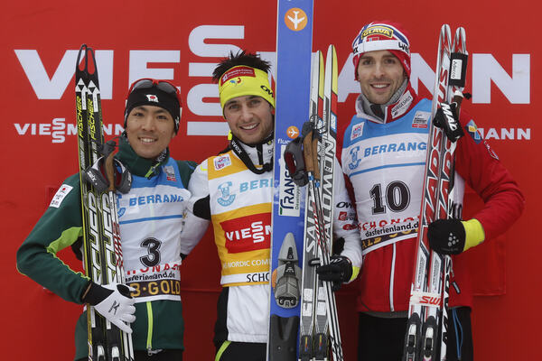 06.01.2013, Schonach, Germany (GER): podium, l-r: Akito Watabe (JPN), Fischer, Swix, Rottefella, Jason Lamy Chappuis (FRA), Salomon, Swix, One Way, Magnus Moan (NOR), Madshus, Rottefella, Swix- FIS world cup nordic combined, individual gundersen HS106/10k NordicFocus