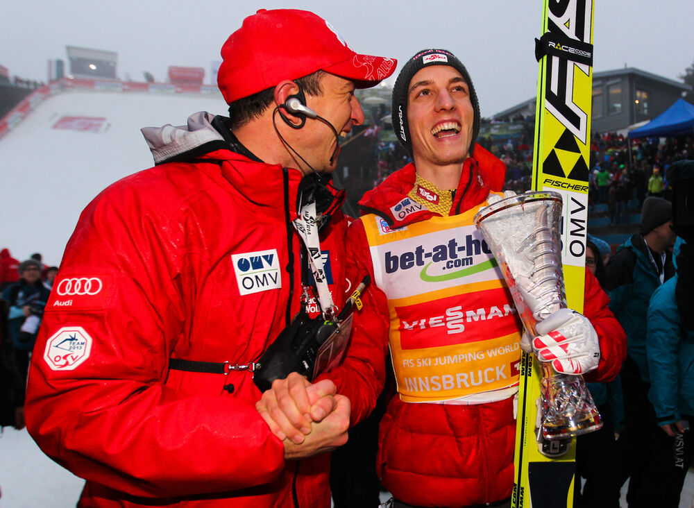 04.01.2013, Innsbruck, Austria (AUT): (l-r) Alexander Pointner (AUT), the coach of team Austria and Gregor Schlierenzauer (AUT), Fischer - FIS world cup ski jumping, four hills tournament, individual HS130, Innsbruck (AUT). www.nordicfocus.com. © Laiho/