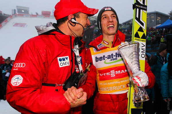 04.01.2013, Innsbruck, Austria (AUT): (l-r) Alexander Pointner (AUT), the coach of team Austria and Gregor Schlierenzauer (AUT), Fischer - FIS world cup ski jumping, four hills tournament, individual HS130, Innsbruck (AUT). www.nordicfocus.com. © Laiho/ NordicFocus